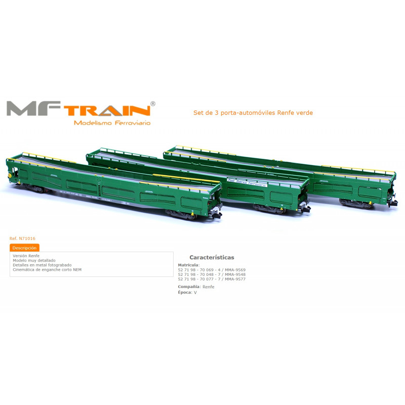 MFTRAIN : SET 3 VAGON PORTA COCHES  Renfe   Escala N